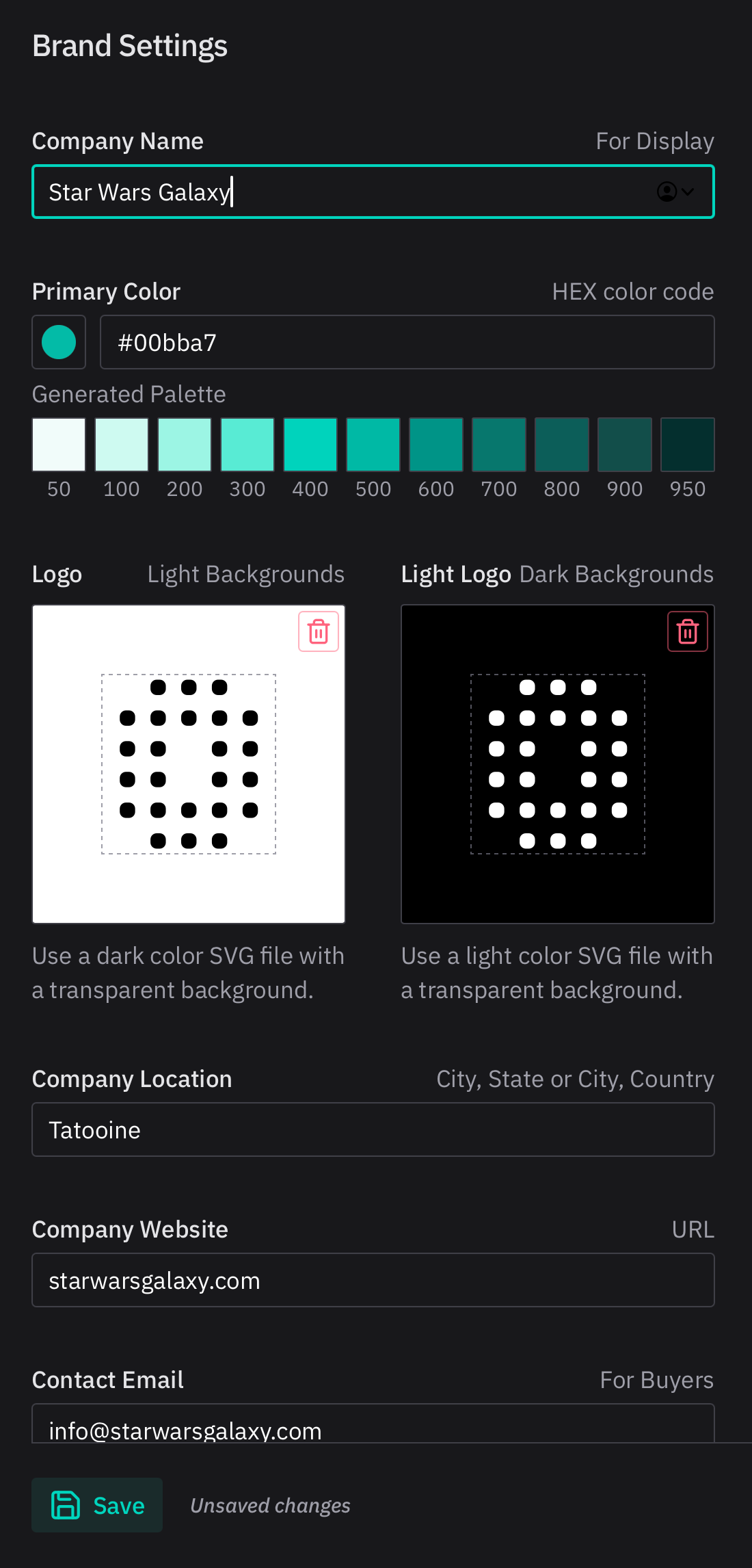 Screenshot of Brand Settings.